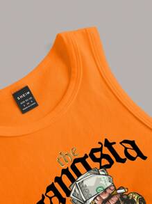 Slaydiva Camiseta de tirantes ajustada corta con patrón de pintura de letra de dinero para mujeres, verano - Naranja - Ver 5