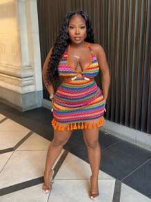 Slaydiva Plus Size Summer Casual Holiday Halter Neck Strap With Hollow Bead Decoration On The Waist, Tassel Rope Hem, Tassel Mini Dress, Colorful Striped Slim Dress, Women's Dress,Beach Dress Sundress,Holiday Outfits Boho