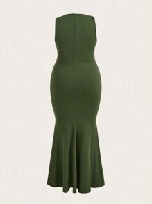 Slaydiva Vestido elegante y ajustado para mujer de talla grande en color verde para fiestas y citas, sin mangas con hombro asimétrico volteado, cintura plisada y rotura de costura, con dobladillo de cola de pez, para primavera y verano - Verde - Ver 6