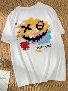 Manfinity LEGND Camiseta casual de verano para hombre con cuello redondo de manga corta y estampado de cara de dibujos animados con letra impresa
