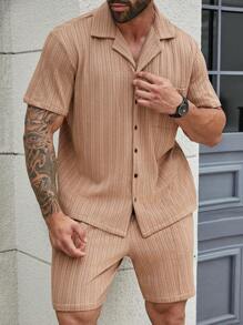Manfinity Homme Men Plus Size Solid Color Casual Daily Spring Summer Short Sleeve Shirt And Shorts Set - Khaki - View 3