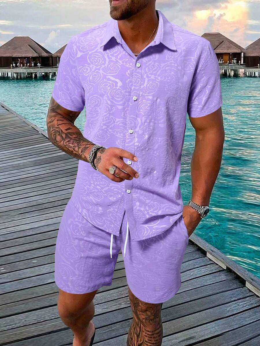 Manfinity Homme Men's Floral Jacquard Short Sleeve Shirt And Shorts Set , Holiday Casual Outfit - Mauve Purple - View 1