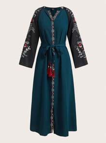 Seusyu Women's V-Neckline Belted A-Line Dress With Graphic Print Pattern - Multicolor - View 1