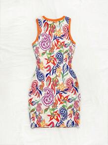 Soleia WYWH藝術塗鴉和印花橙色色塊針織背心迷你連衣裙，適用於度假