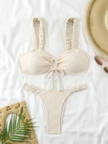 SHEIN Swim Bộ bikini xẻ cao có nút hoa phía trước dành cho nữ, hoàn hảo cho kỳ nghỉ ở bãi biển mùa hè - Màu be - Xem 6