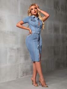 SHEIN SXY Women's Solid Color Simple Daily Short Sleeve Denim Dress