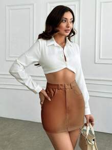 EURMUSE Women's Slim Fit Pu Leather Skirt - Brown - View 4