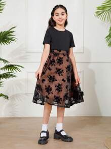 Robe d'été élégante en maille floquée avec contraste bouffant pour jeune fille - Noir - Voir 5