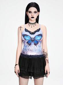 ROMWE Grunge Punk 性感简约性感蕾丝吊带背心，不对称下摆，蝴蝶和风景印花，女士领结装饰