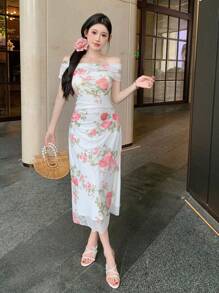 DAZY 女士修身优雅露肩碎花夏季连衣裙舞会礼服 - 白色 - 查看 2