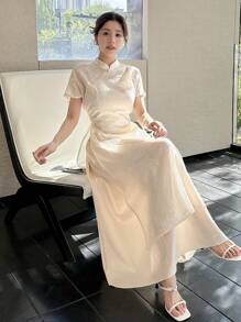 Modelyn Women's Simple Daily Short Sleeve Traditional Chinese Clothing Set, Solid Color, Hanfu Sets