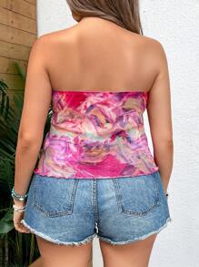 SHEIN VCAY Plus Size Women's Marble Printed Asymmetrical Hem Vacation Strapless Top