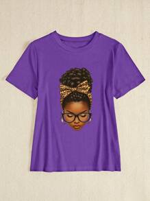 SHEIN Foxxy Women's Slim Fit Casual Figure Print Round Neck Short Sleeve T-Shirt Graphic Print - Purple - View 4