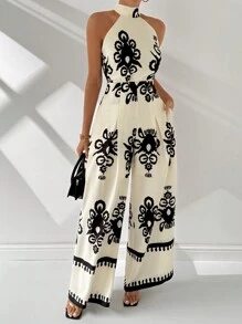 Firerie Mono de pierna ancha con estilo vacacional para mujer con impresión en toda la pieza, cuello halter y bolsillos inclinados para el verano