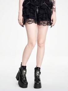 ROMWE Women's Gothic Skull Buckle Chunky Heel Comfortable Punk Style Mid-Calf Boots For Christmas And New Year Holiday Valentines - Black - View 2