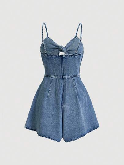 SHEIN PETITE CURVE 女式加大码蓝色结饰牛仔连体裤