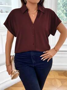 Vionelle 大尺碼女士夏季純色蝙蝠袖休閒上衣 - 紫紅色 - 查看 5