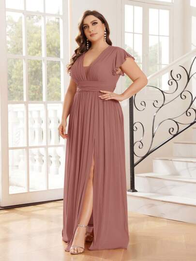 SHEIN Belle V-Neck Shimmery Fabric A-Line Dress With Twisted Waistband, Plus Size Bridesmaid Dress Elegant Dress
