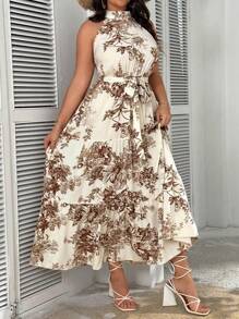 SHEIN Clasi Rochie de vară cu umăr rece, cu curea florală, cu tiv cu volan, ținută maxi pentru femei