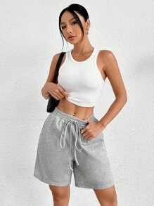 SHEIN PETITE 實心結腰斜口袋短褲 - 灰色 - 查看 5