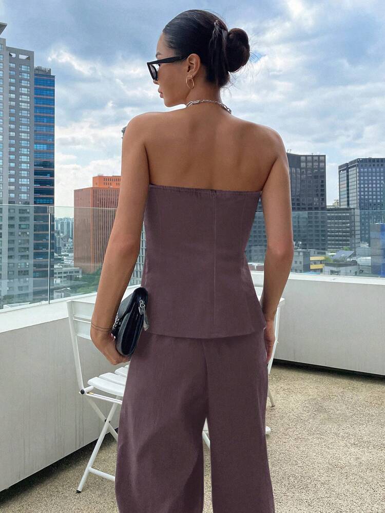 Ladies' Solid Color Simple Daily Strapless Top And Long Pants Set