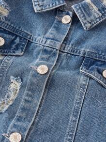 Young Girl Spring New Washed Long Fitting Distressed Denim Jacket, Hip-Length - Light Wash - View 8