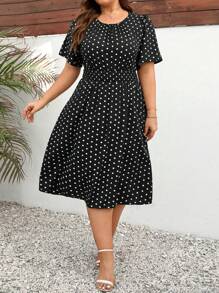 SHEIN Clasi 大码女式波尔卡圆点印花圆领短袖腰系带休闲连衣裙，夏季长款女装
