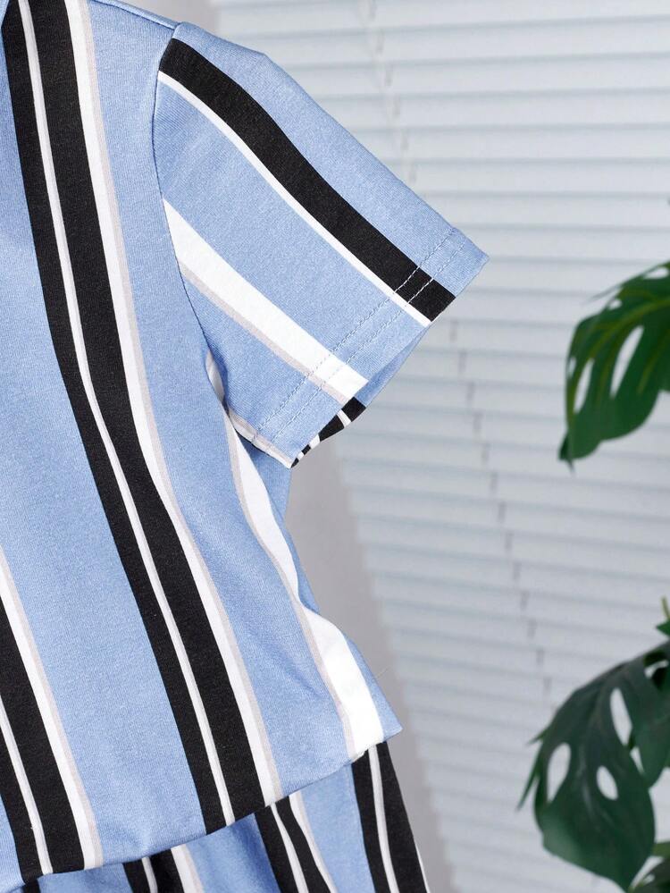 Baby Boy Colorful Striped Turn-Down Collar Half-Placket Short Sleeve Top And Casual Shorts Set