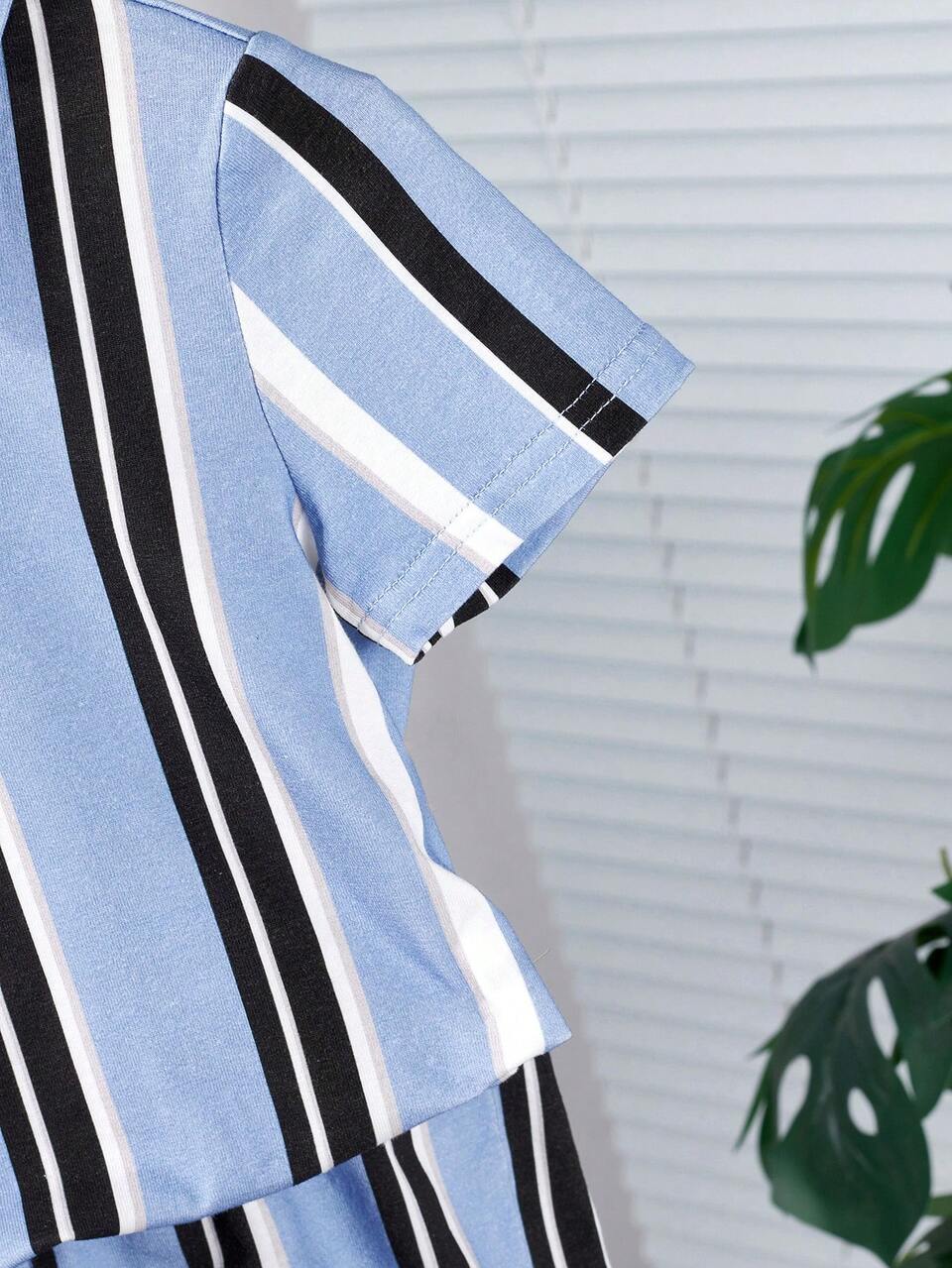 Baby Boy Colorful Striped Turn-Down Collar Half-Placket Short Sleeve Top And Casual Shorts Set