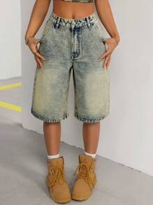 SHEIN ICON Summer Vintage Washed Straight Leg Denim Shorts - Medium Wash - View 3