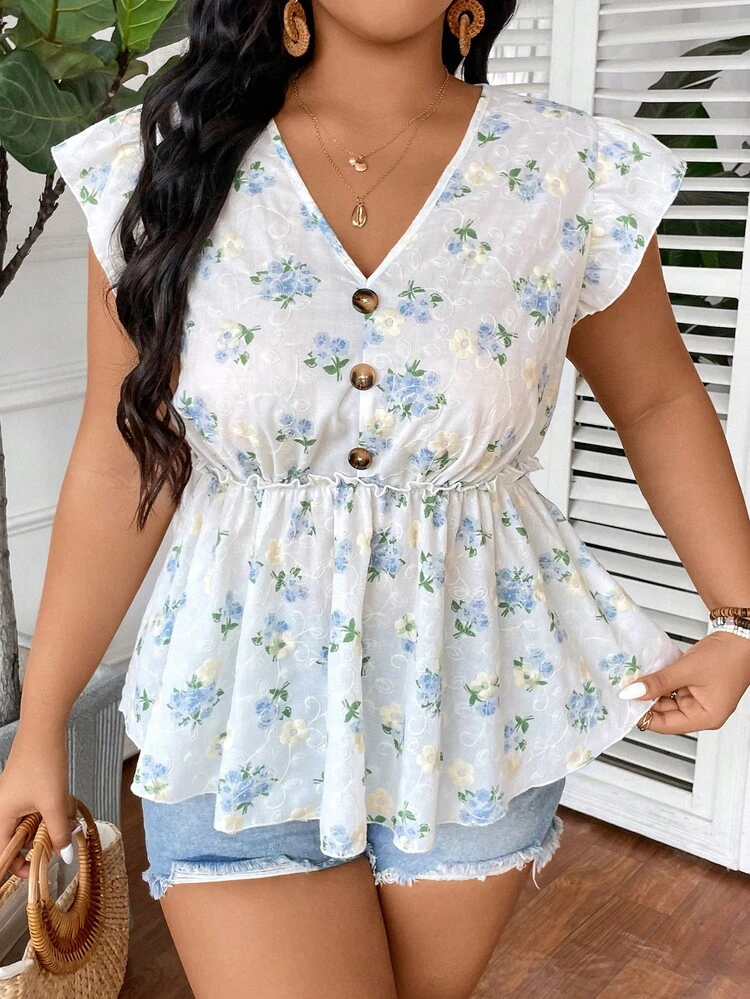 Plus Size Women's Random Printed V-Neck Shirt