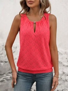 INAWLY Plus Size Solid Color Keyhole Neck Hollow Out Embroidery Summer Casual Tank Top - Watermelon Pink - View 6