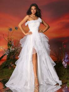 女裝3D花朵網紗雪紡蛋糕晚禮服 - 白色 - 查看 7