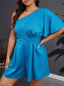 SHEIN Unity Plus Size Women's Solid Color One-Shoulder Ruffle Sleeve Jumpsuit For Everyday Wear - Blue - View 7