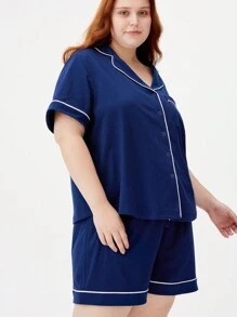 LUVLETTE 女士加大码柔软纯棉基础款纽扣睡衣套装，100%纯棉家居服套装，女士平角内裤套装 - 藏蓝色 - 查看 4