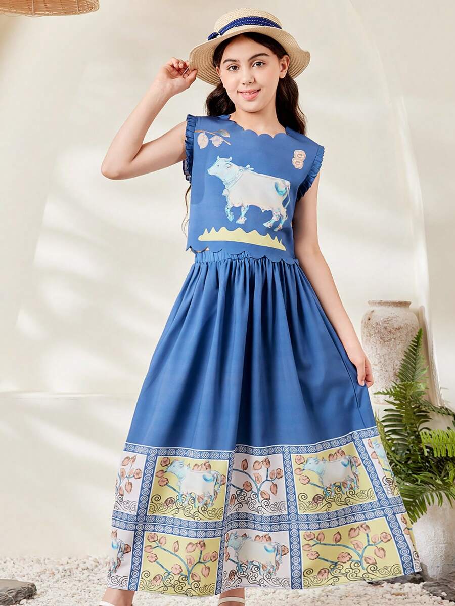SHEIN 年輕女孩簡約印花上衣和短裙套裝 - 藍色 - 查看 1