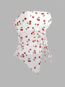SHEIN ICON Cherry Printed Asymmetrical Hem Summer Bandeau Y2K Top With Mesh Fabric