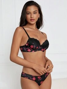 Conjunto de lencería sujetador y braguita con aros y estampado de labios - Negro - Ver 6