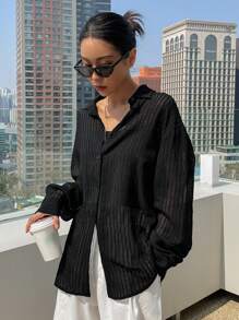 DAZY Áo Sơ Mi Sheer Nút Phía Trước - màu đen - Xem 1