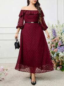 Modelyn Burgundy Red Plus Size Women's Fashionable & Elegant Ruffle Collar Ruffled Dress Long Evening Dresses