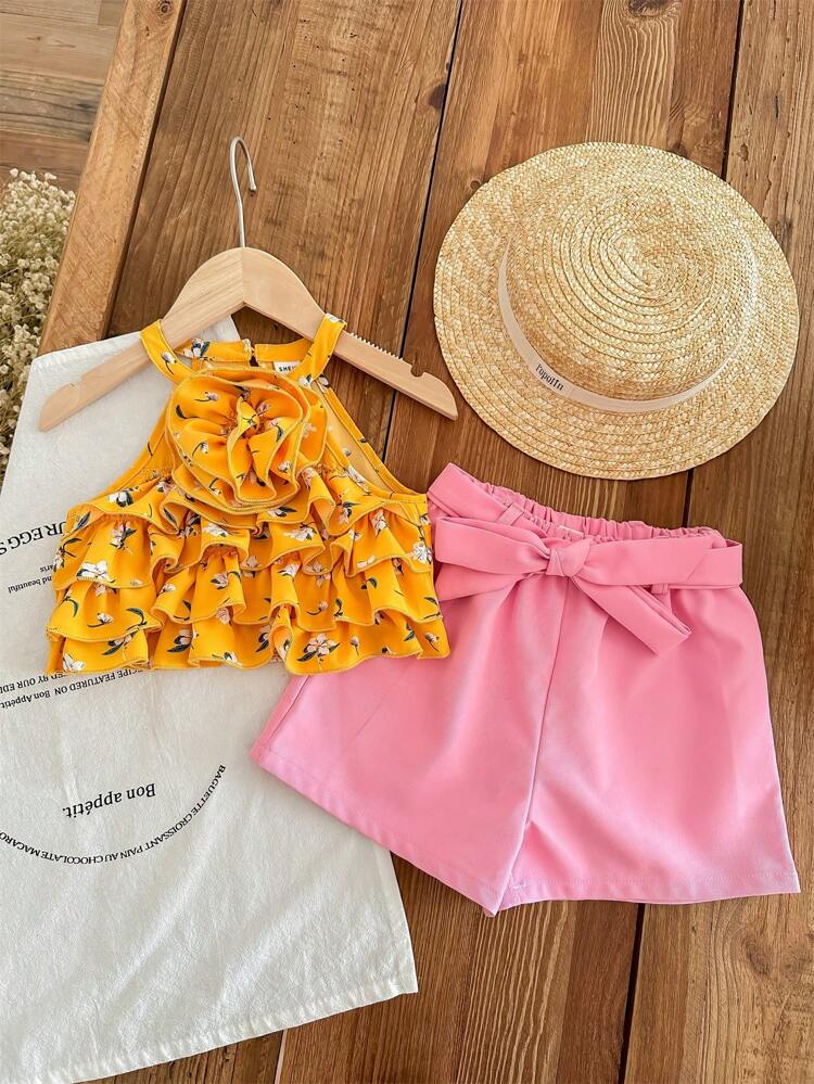 Young Girl Vacation 3D Rose Floral Strap Cute Top And Belted Ruffled Shorts Two-Piece Set