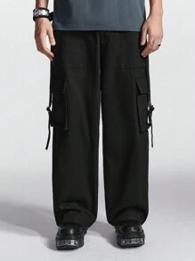 Manfinity NXTstreet Men's Eyelet Tape Design Cargo Pocketed Wide Leg Casual Pants - Black - View 1