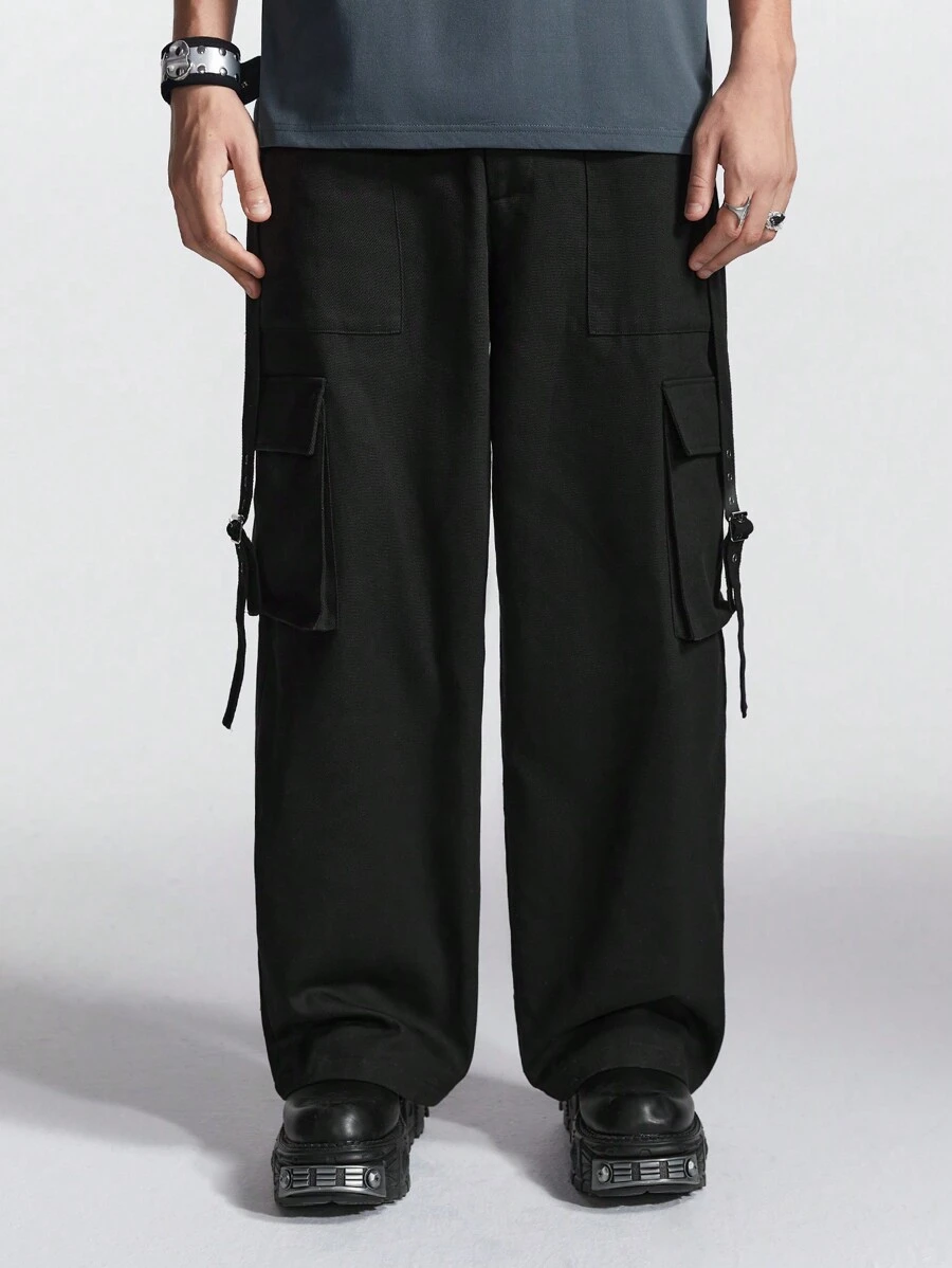 Manfinity NXTstreet Men's Eyelet Tape Design Cargo Pocketed Wide Leg Casual Pants - Black - View 1