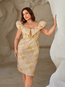 SHEIN Belle Tamaño grande, elegante vestido con corsé de jacquard amarillo decorado con tejido en 3D para usar de dos maneras en fiesta de cóctel - Amarillo - Ver 5