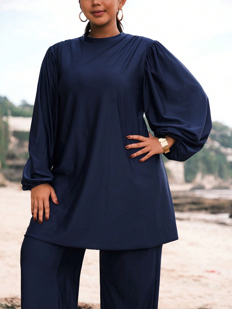 Swim Mulvari Plus Size Nữ Ngày Lễ Đồng Bằng Cổ Đứng Đèn Lồng Tay Áo Và Quần Thường Ngày, Đồ Bơi Tankini Giải Trí - Màu xanh hải quân - Xem 4