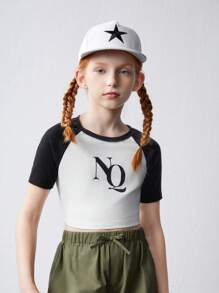 SHEIN 少女針織色塊印花休閒個性縮口袖短袖T恤 - 黑與白 - 查看 1