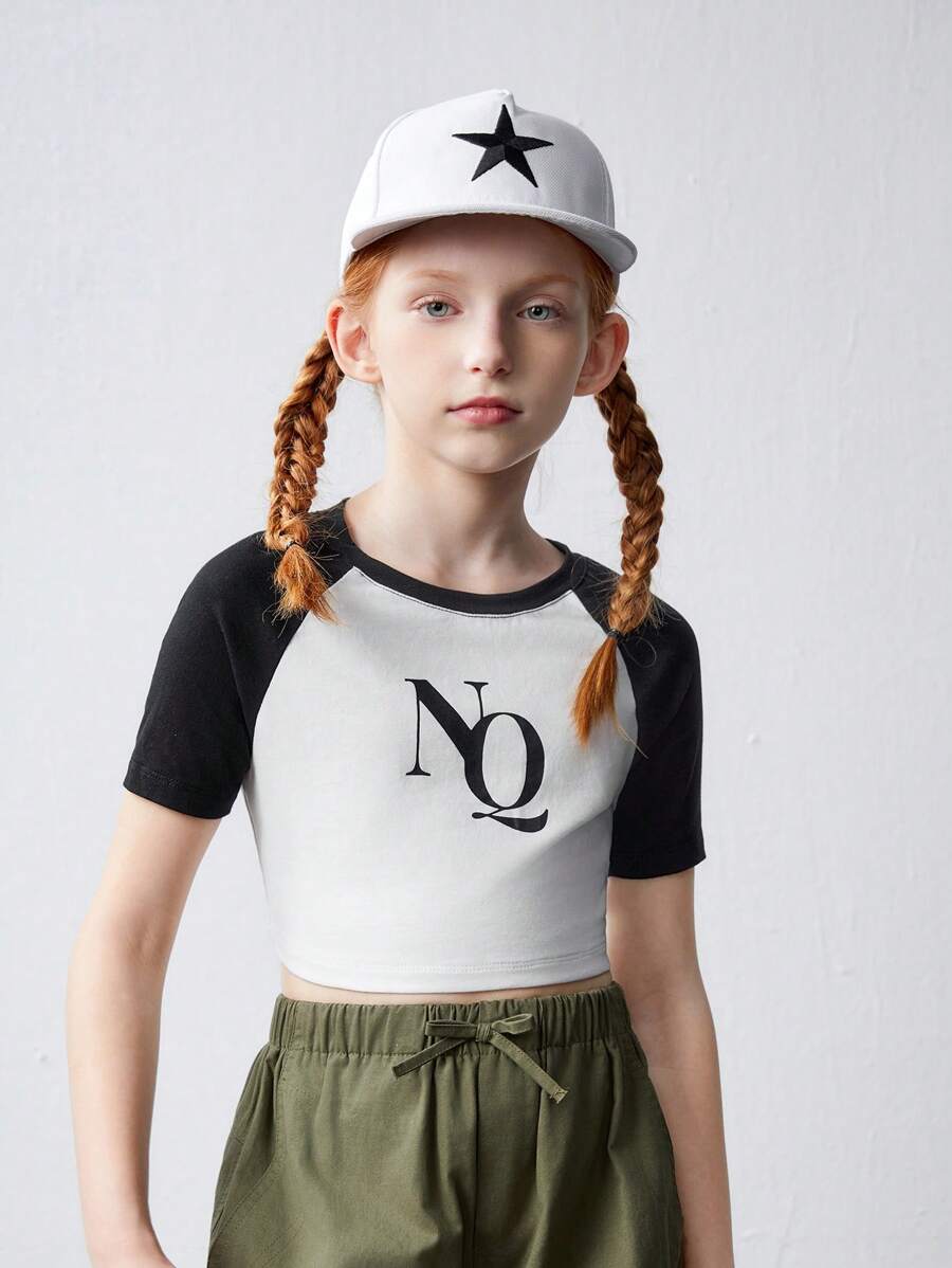 SHEIN 少女針織色塊印花休閒個性縮口袖短袖T恤 - 黑與白 - 查看 1