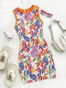 Soleia WYWH藝術塗鴉和印花橙色色塊針織背心迷你連衣裙，適用於度假