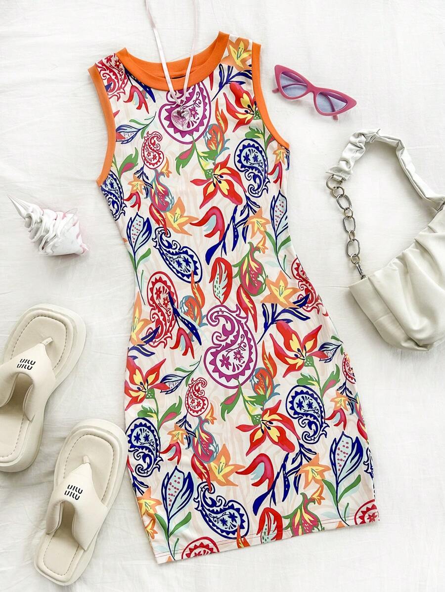 Soleia WYWH藝術塗鴉和印花橙色色塊針織背心迷你連衣裙，適用於度假
