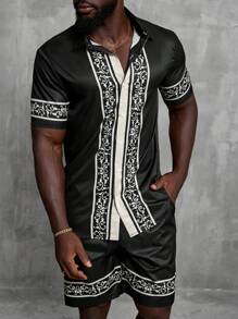 Manfinity AFTRDRK Men's Stylish Printed Short Sleeve Shirt And Shorts Set - Multicolor - View 1